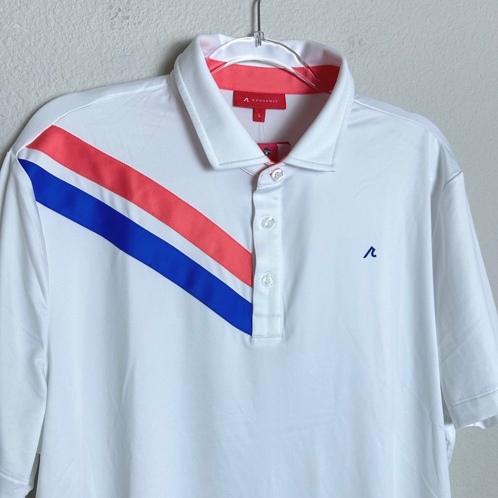 Redvanly Westin Polo Mens Large Bright White Red Blue Stripe Golf Shirt NEW